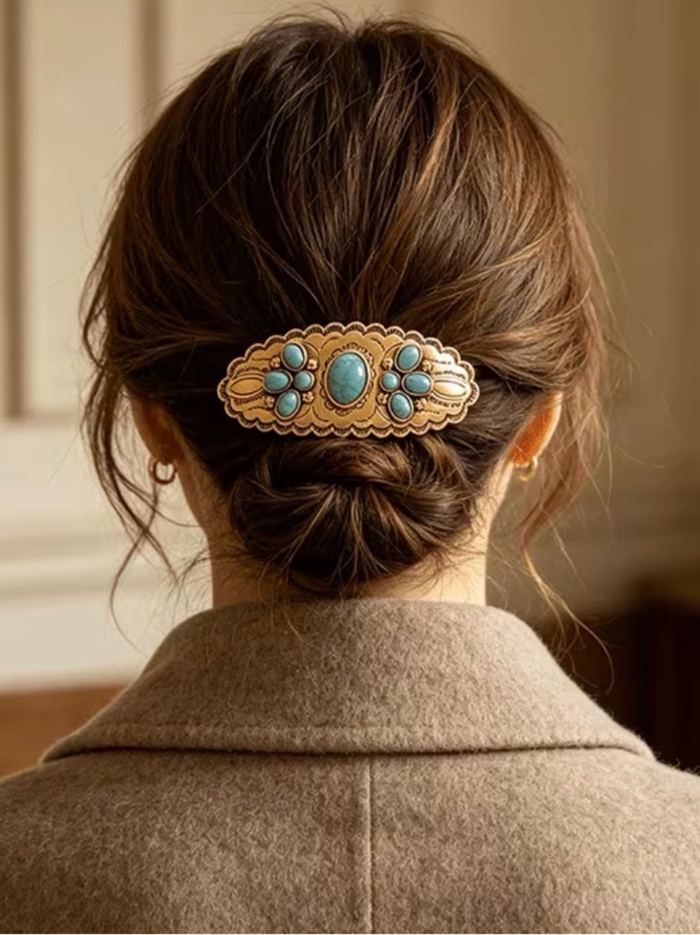 Western Barrette Gold and Turquoise Scalloped Barrette Hair Clip - Women